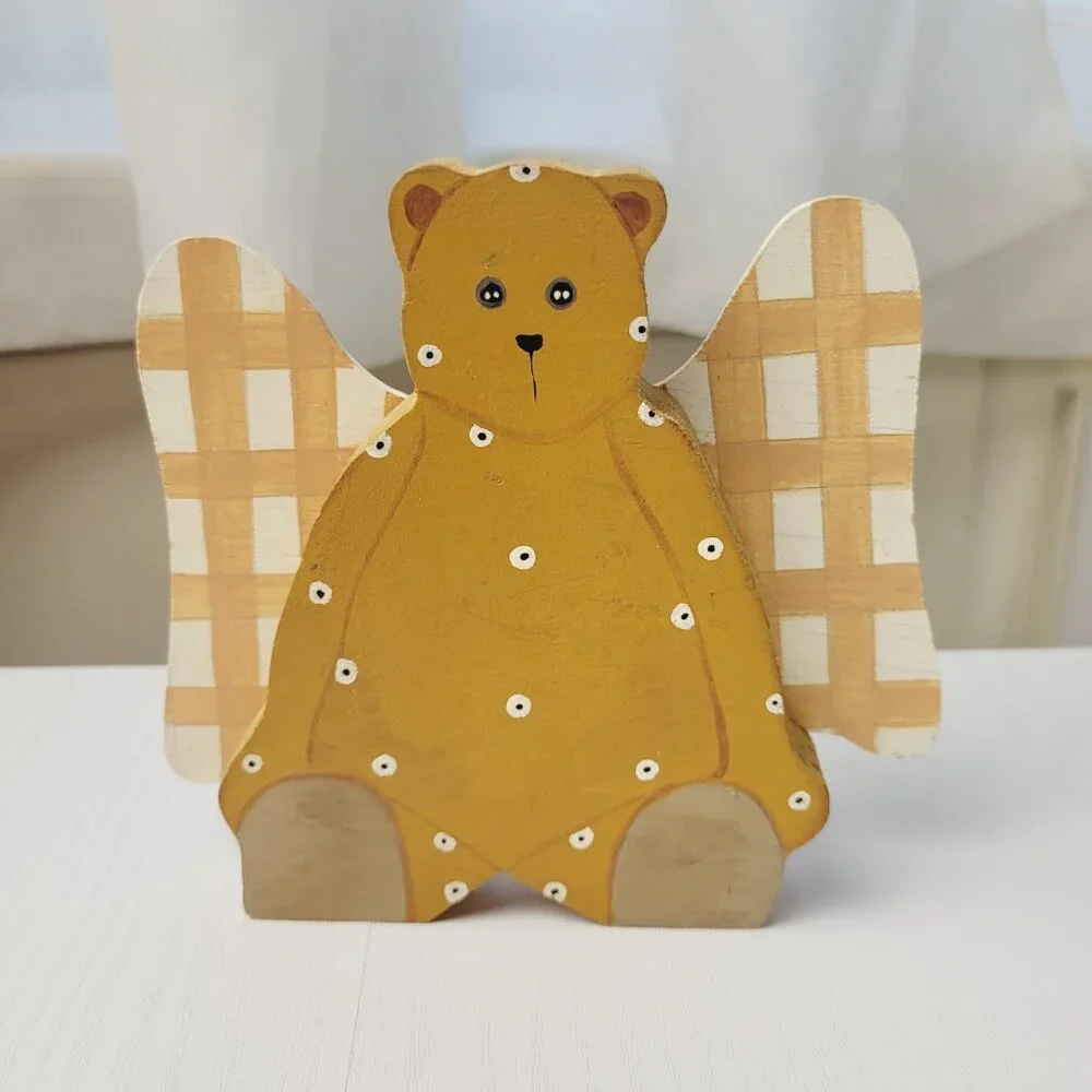 Two Vintage Handmade Folk Art Wooden Bears Angel Wings Heart Hand Painted polka.